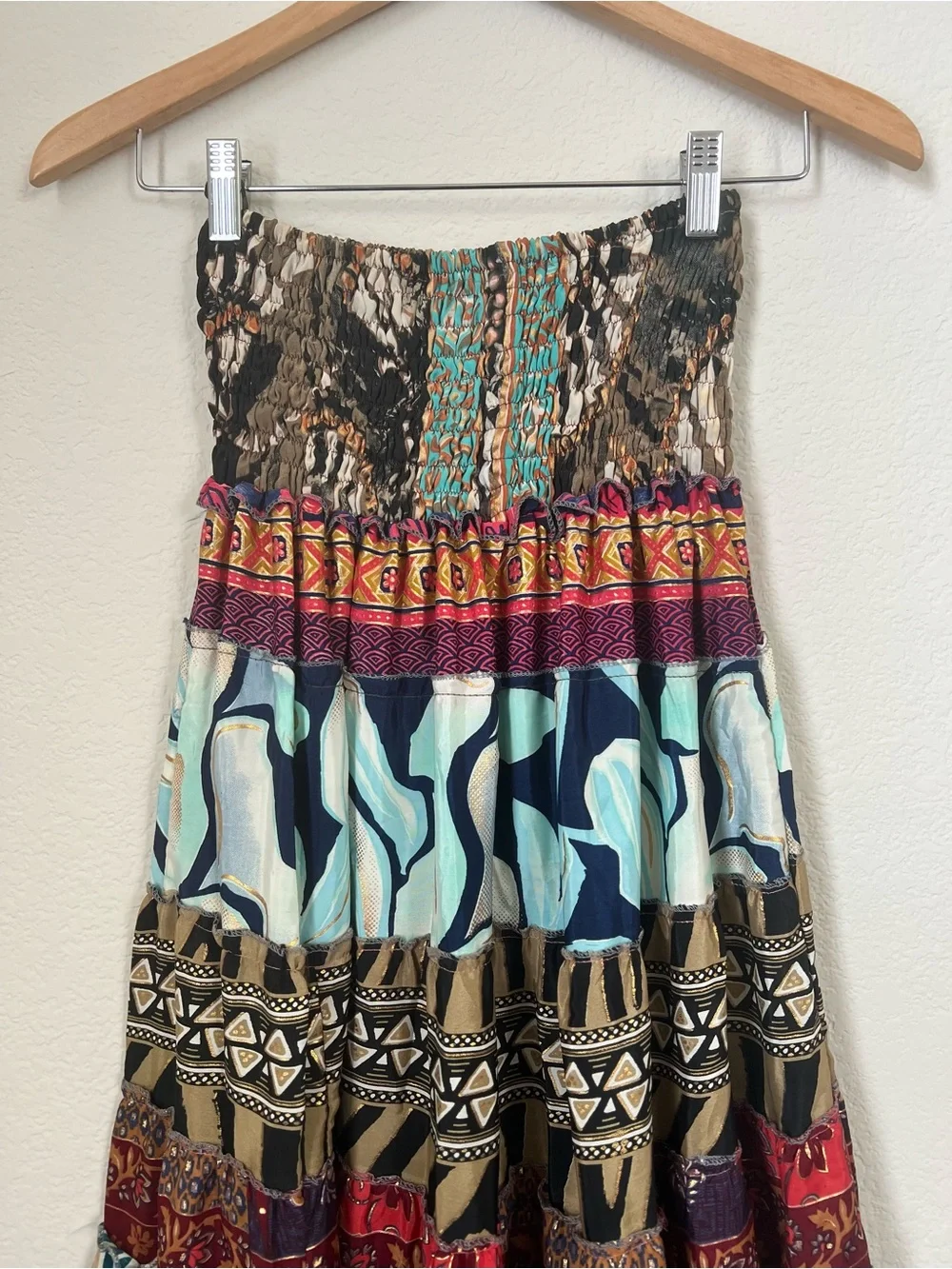 Recycled Silk Blend Floral Patchwork Tiered Ruffle Skirt Free Size Gypsy Boho